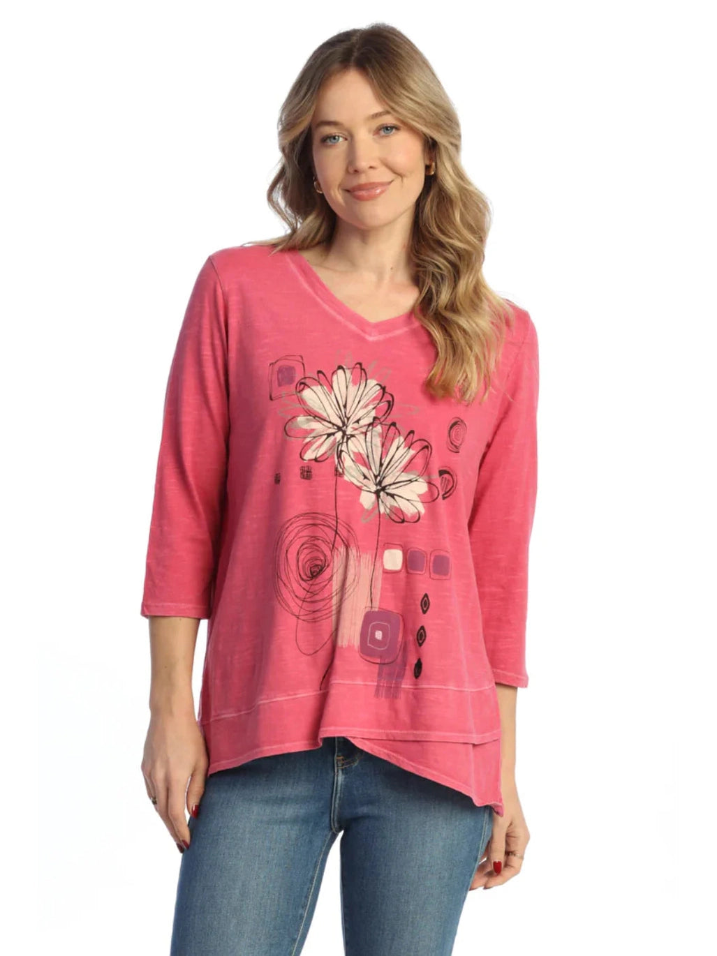 Jess & Jane Wk8-1627 Mia Fusia V-Neck Tulip Hem 3/4 Sleeve Women's Top