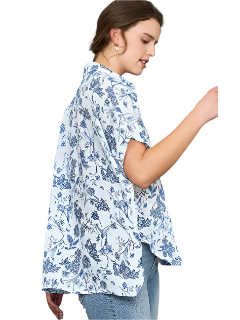 Shirt Blue/White floral Print Short Sleeve Hidden Button Front K9468