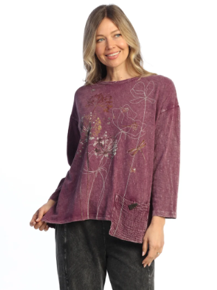 M112-2274 Plum Vignette Flower/Dragon Fly Print Mineral Washed Long Sleeve 1 Pocket Tunic Women's
