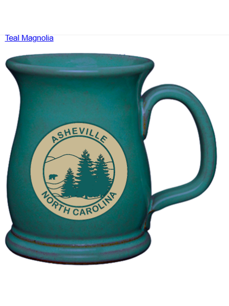 Mug Wide Mouth 16 oz Handcrafted Glaze Pottery Asheville Logo Teal Magnolia