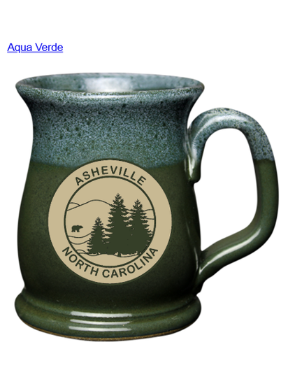 Mug Wide Mouth 16 oz Handcrafted Glaze Pottery Asheville Logo Aqua Verde