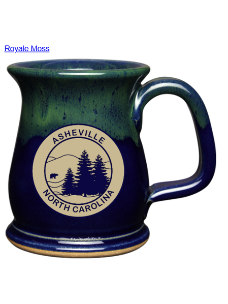 Mug Wide Mouth 16 oz Handcrafted Glaze Pottery Asheville Logo Royal Moss