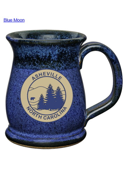Mug Wide Mouth 16 oz Handcrafted Glaze Pottery Asheville Logo Blue Moon