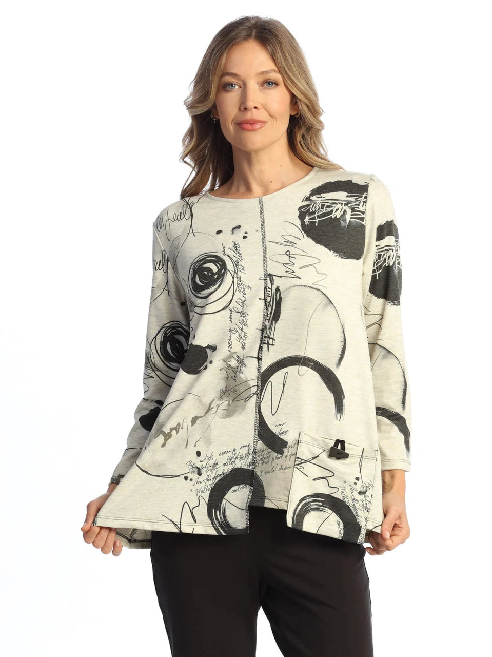 Te3-2100 Tempo Day Beige Abstract 1 Pocket Long Sleeve Drop Shoulder Women's