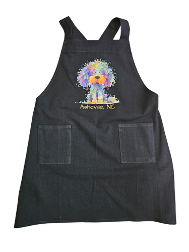 Child's Apron Black Cotton Cross Back Dog Multi Color Asheville Logo