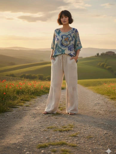 Pants Khaki Linen Embroidered Floral 2 Pocket Wide Leg Women's One Size 50660