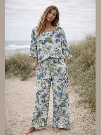 Pants Ivory Coastal Floral Linen 2 Pocket Wide Leg Women's One Size 147381