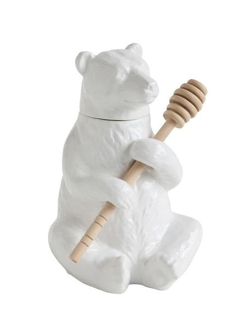 Honey Pot Bear With Bamboo Dipper White Ceramic Da8253