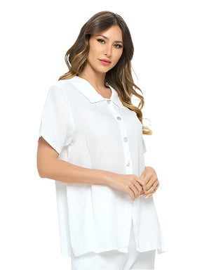 Shirt Collared Camp Button Front Short Sleeve White Women's Hlt20