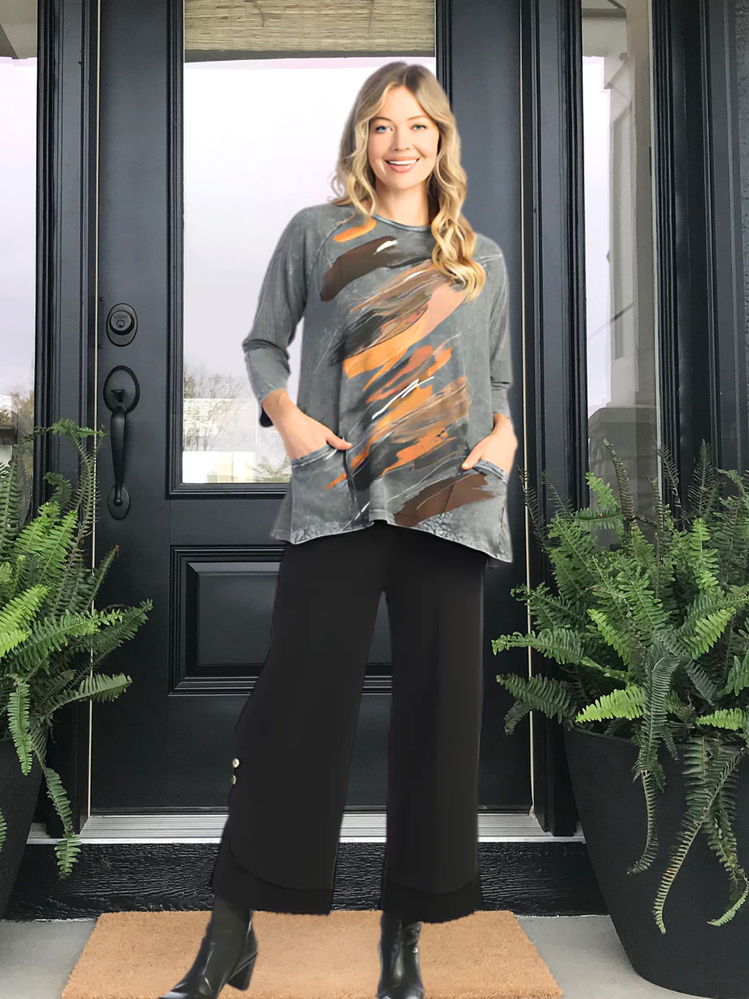 M12-2030 Opera Charcoal Mineral Washed Patch Pocket Tunic Top Women's