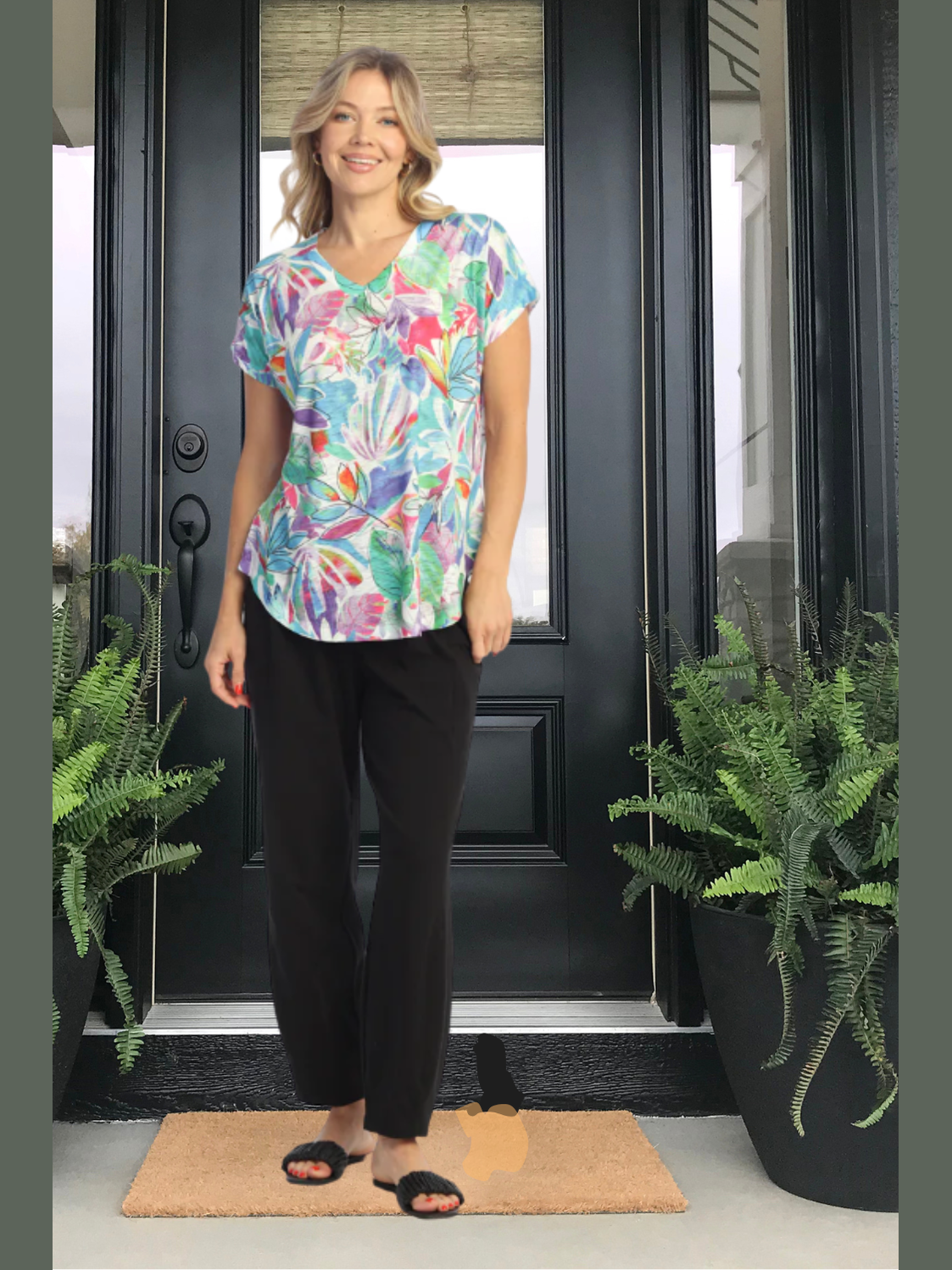 60-2053 Blue/Green/Red Floral Rio V Neck Women's Top