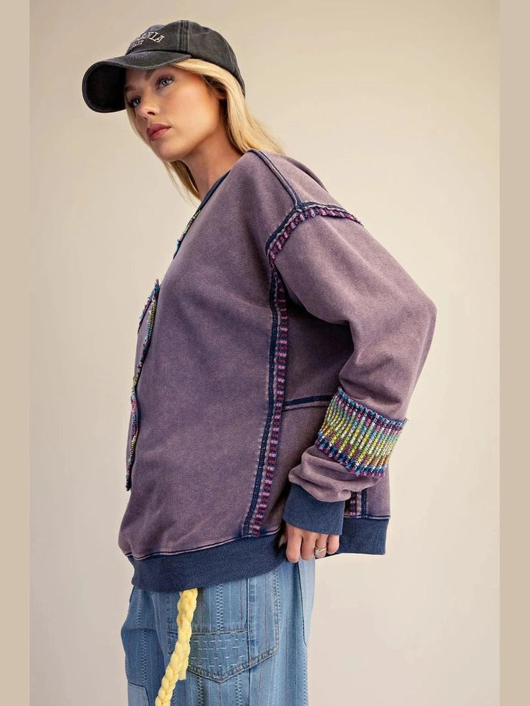 Easel-Top Pullover Terry Oversized Mineral Washed Blue Berry Women's ET72154BB