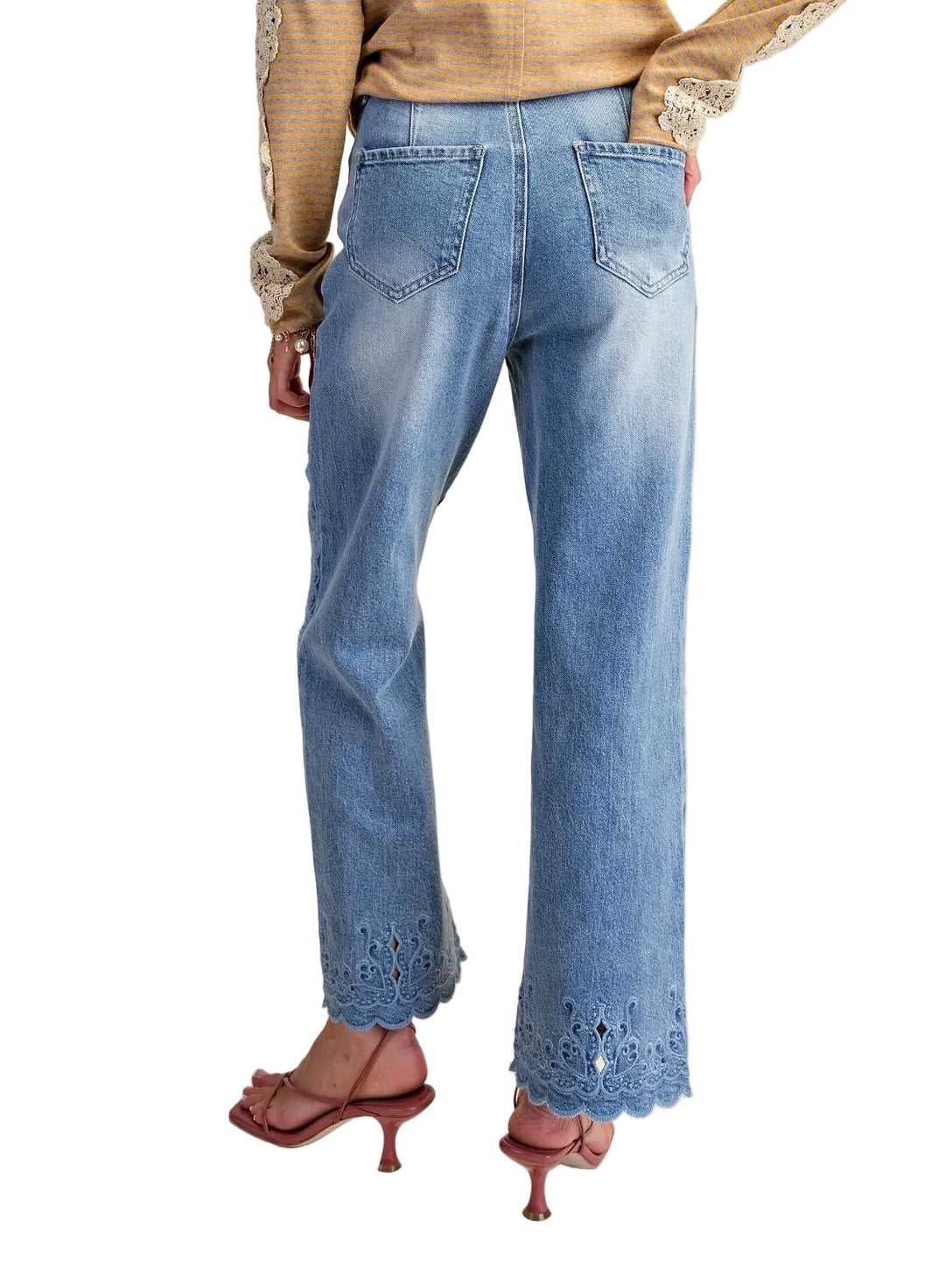 Pants Washed Denim Embroidered Cropped Ankle Women's EB41683