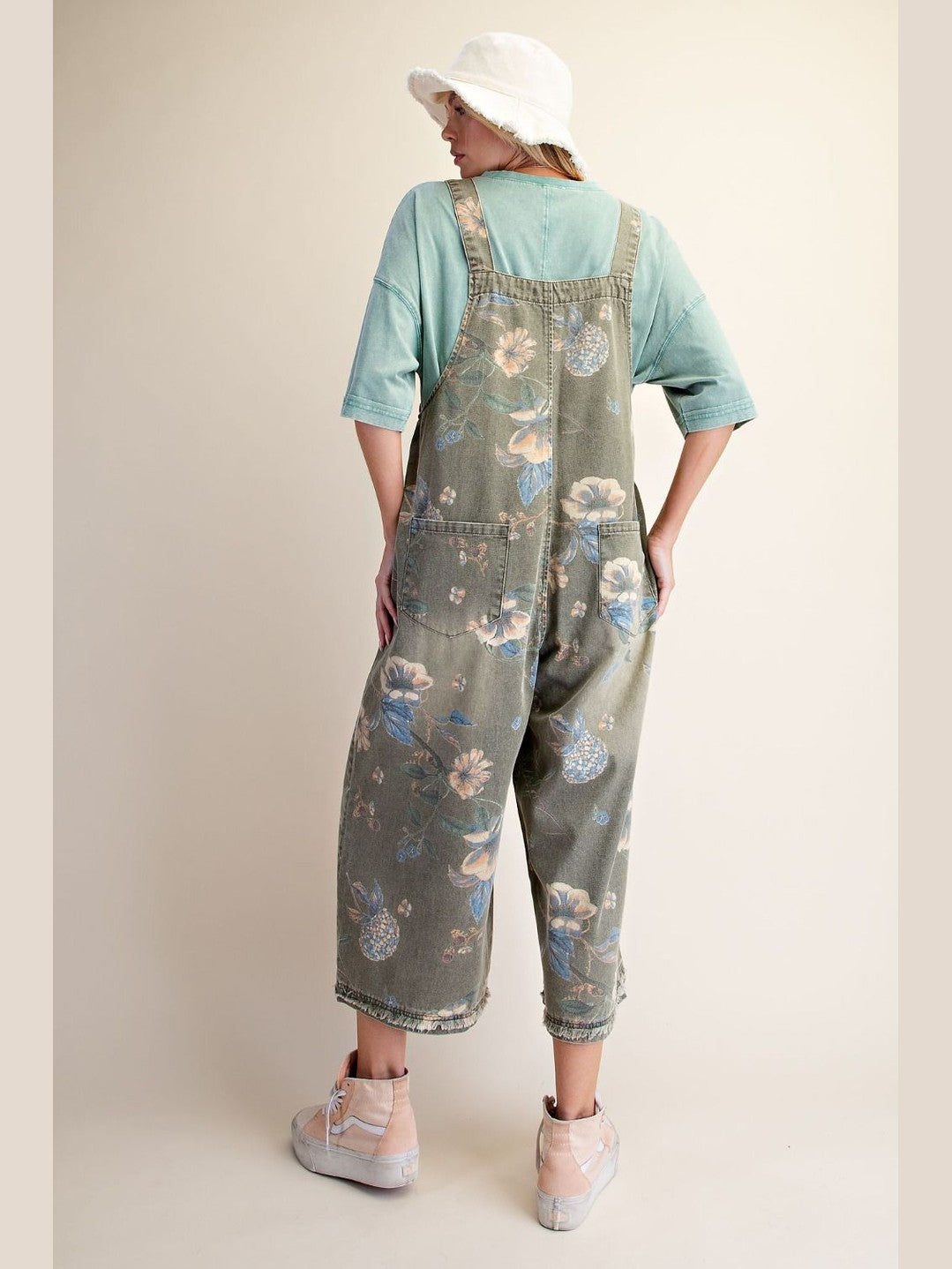 Overalls Olive Denim Flower Print Women's EB56886