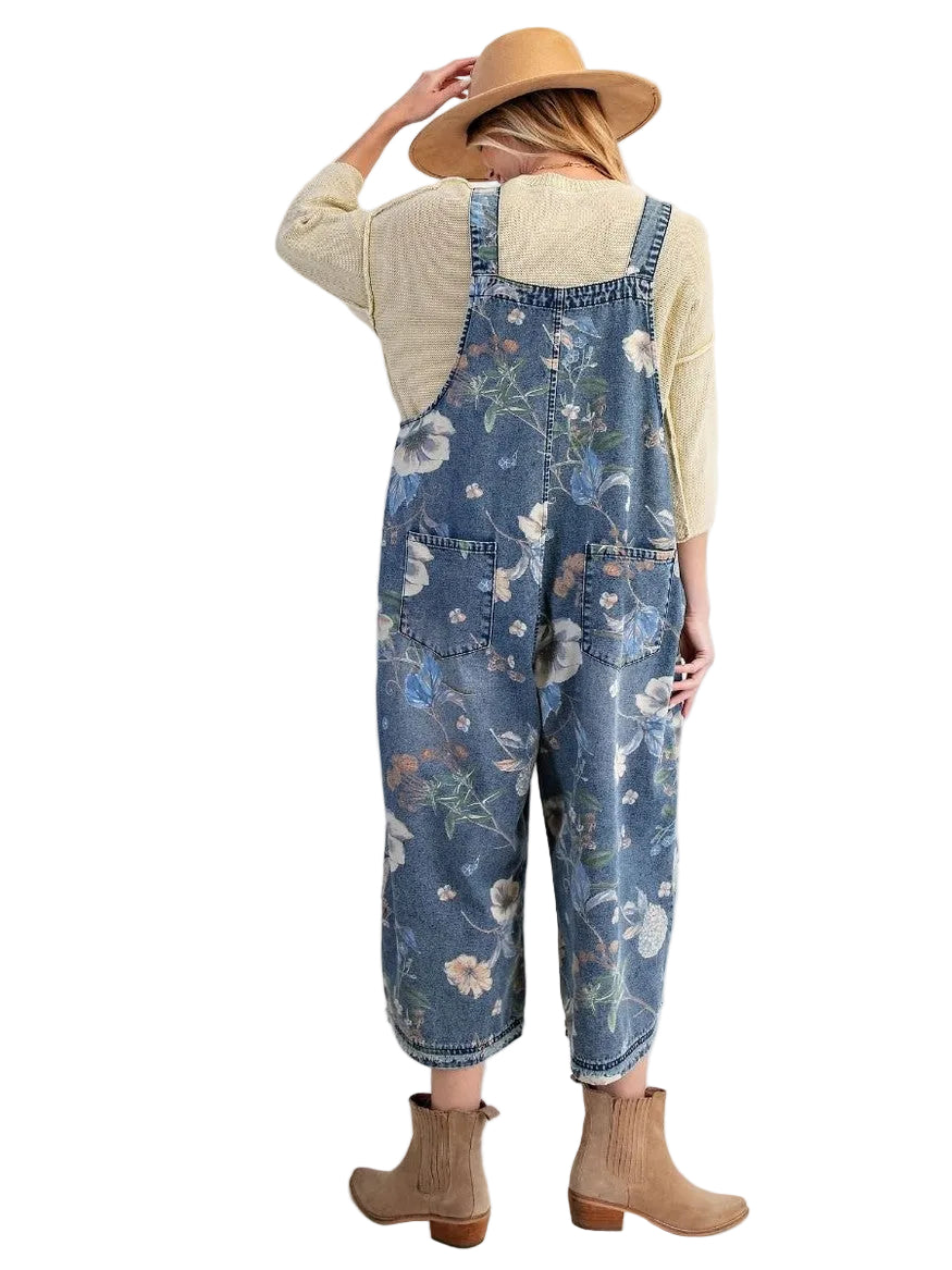 Overalls Washed Blue Denim Flower Print Women's EB56886