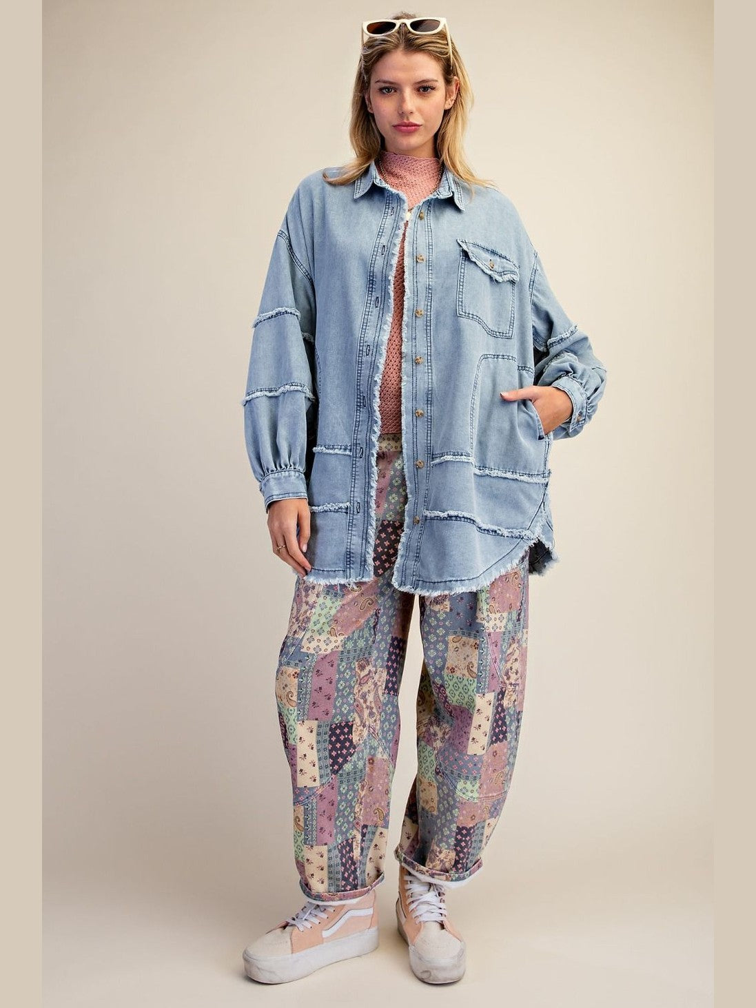 Pants Teal Patchwork Twill Barrel Women's EB58363T