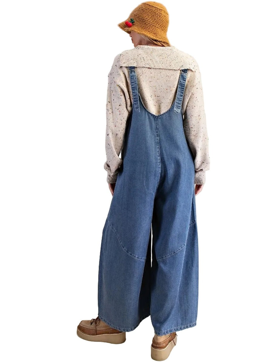  Easel-Overalls Washed Denim Chambray /floral Trim Women's EB90167