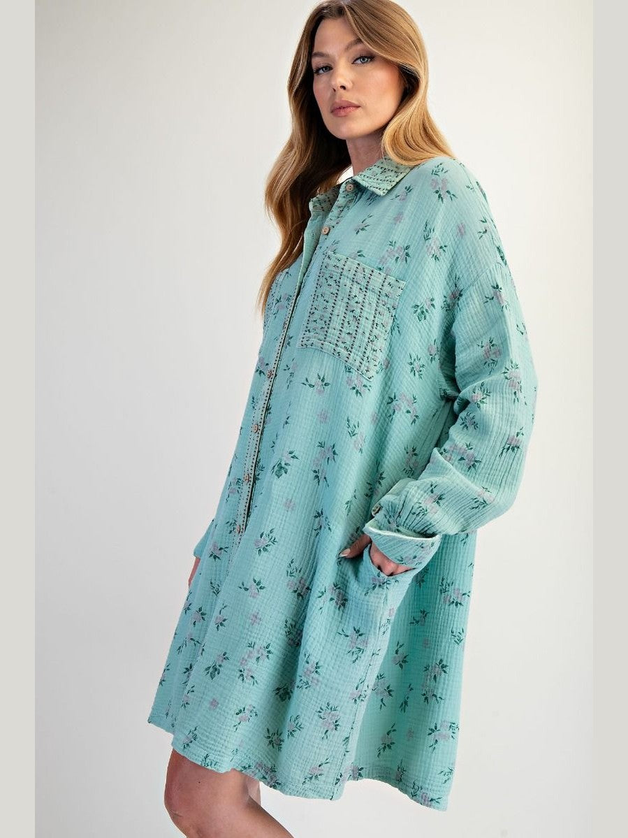 Easel-Dress Atlantis Green Oversized Gauze Shirt Dress Women's ED27959
100% Cotton
