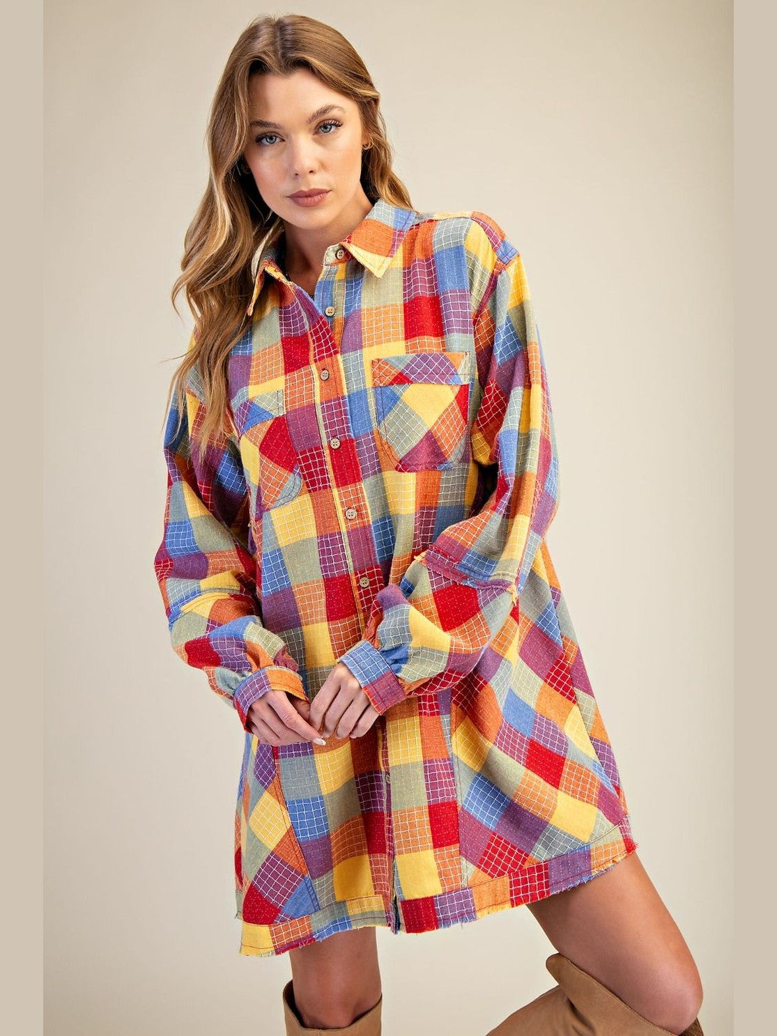 Dress Tunic Button Down Front Yellow Combo Plaid Women's ED28907YC