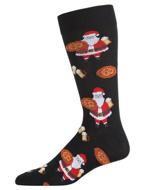 Men's Sock Black Christmas Santa With Pizza & Beer Bamboo Crew 8-12 Acv05799