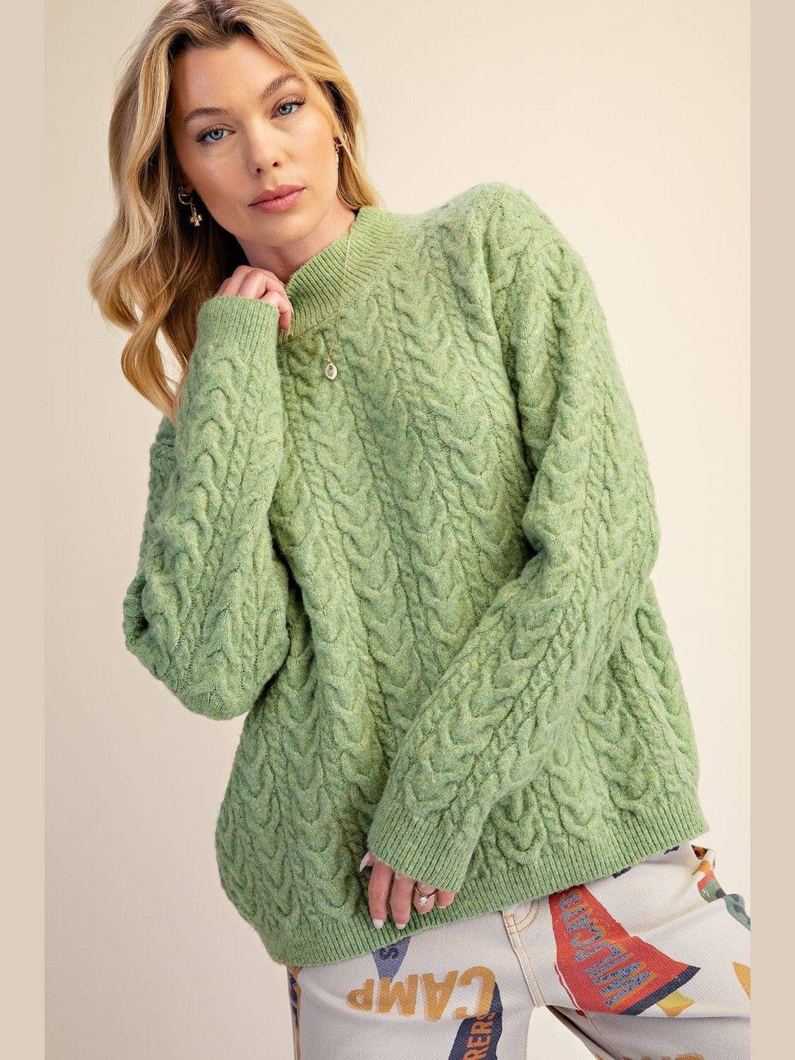 Sweater Pullover Matcha Green Back Knit Long Sleeve Women's ET19074GM