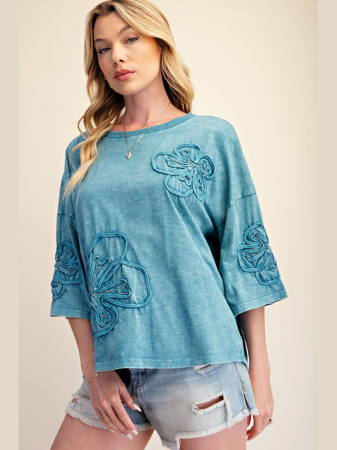 Top Pullover Faded Teal 3/4 Sleeve Women's ET19103