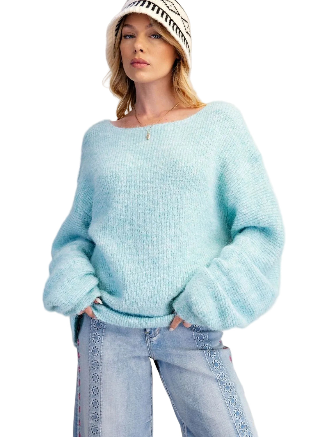Sweater Pullover Aqua Long Bubble Sleeve Women's ET19158