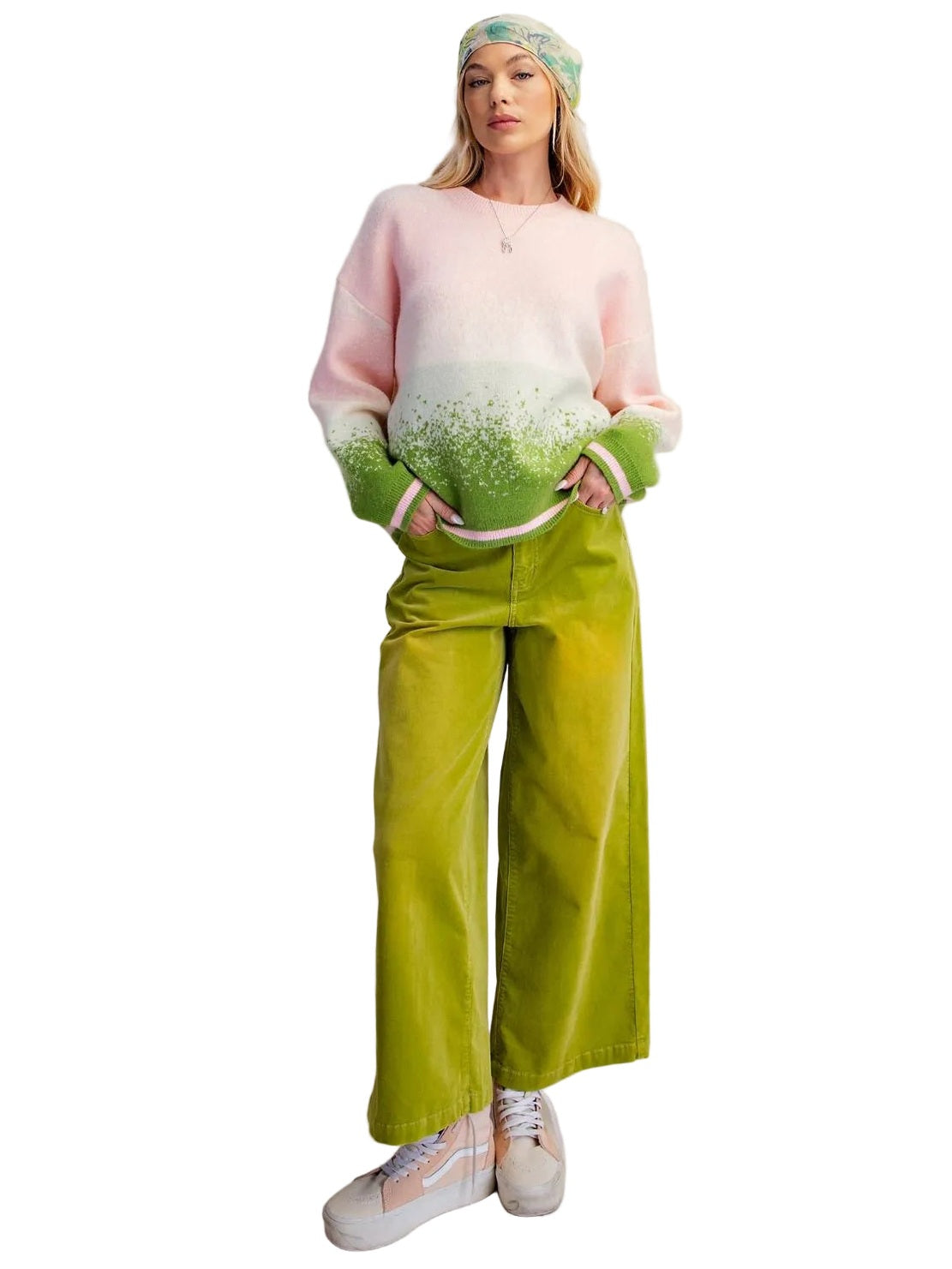 Sweater Pullover Strawberry Pink/White/Green Matcha Sleeve Women's ET19208