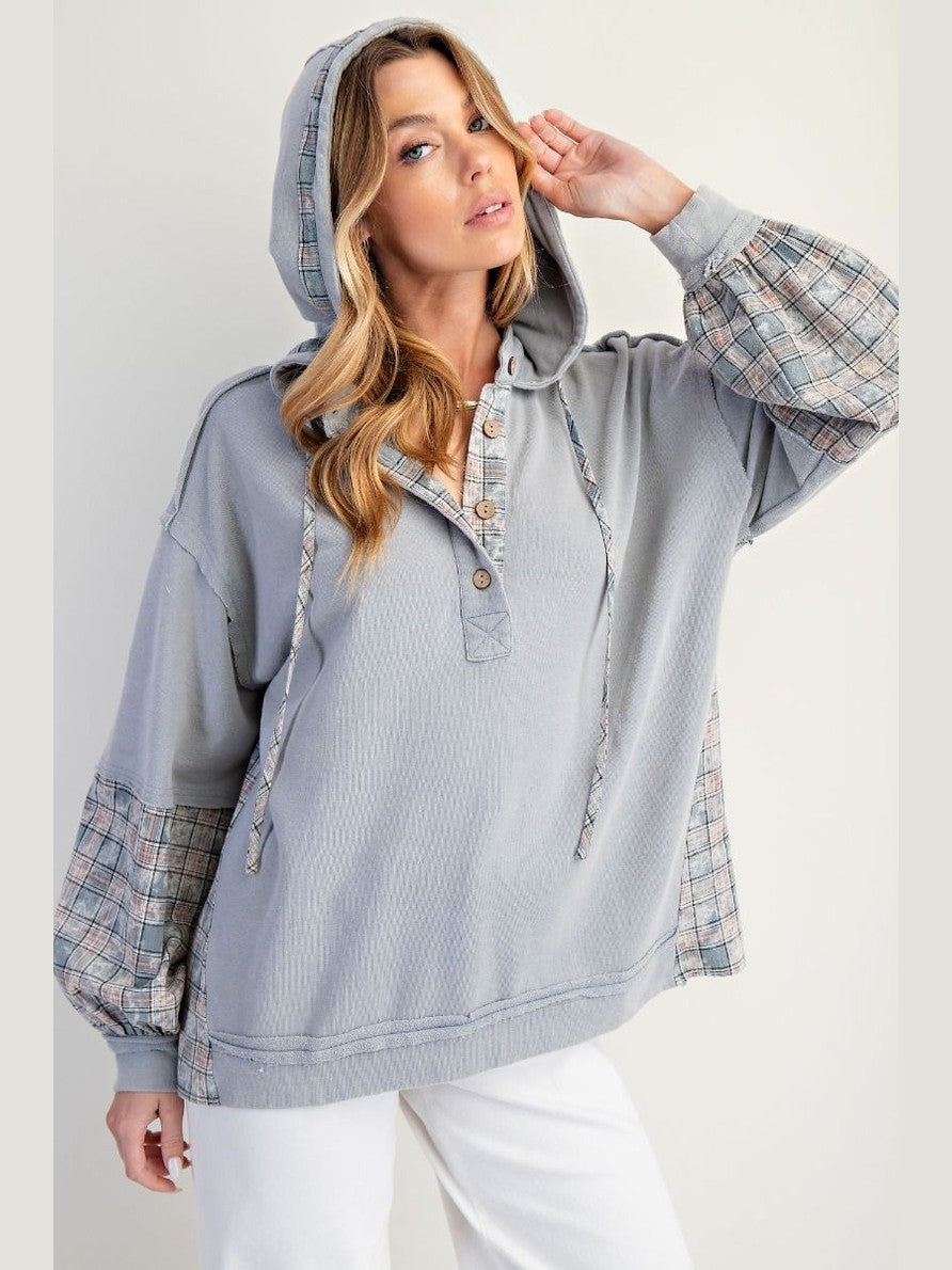 Hoodie Ice Blue Plaid Button Front Pullover Women's ET26574
