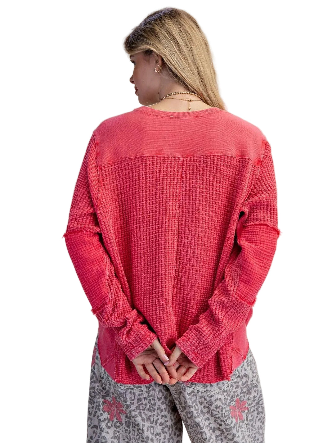 Top Pullover Poppy Red Mineral Washed Thermal Waffle Knit Women's ET26958