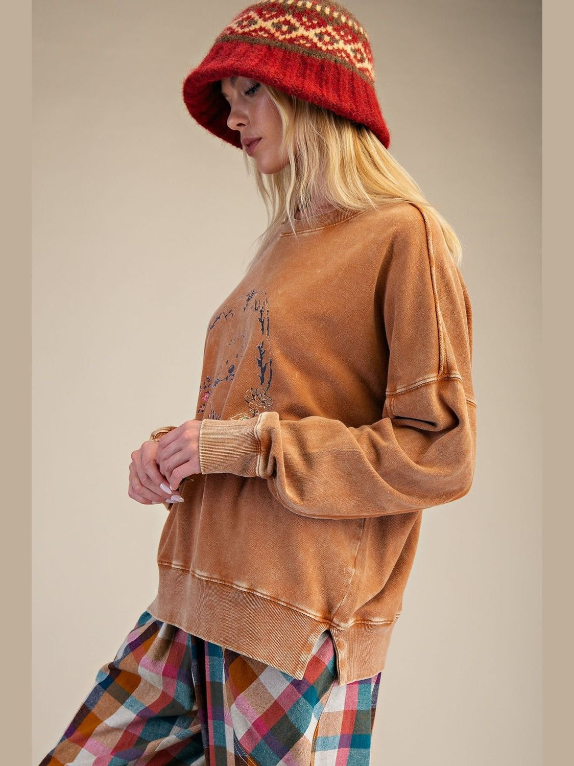Top Pullover Camel Brown Puppy Washed Terry Long Sleeve Women's ET28593C