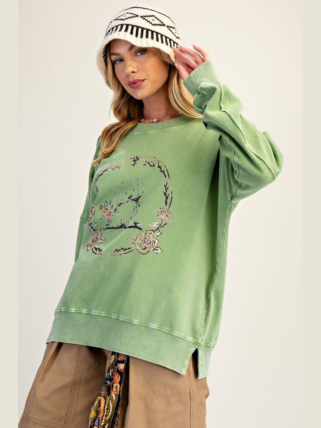 Top Pullover Juniper Green Puppy Washed Terry Long Sleeve Women's ET28593