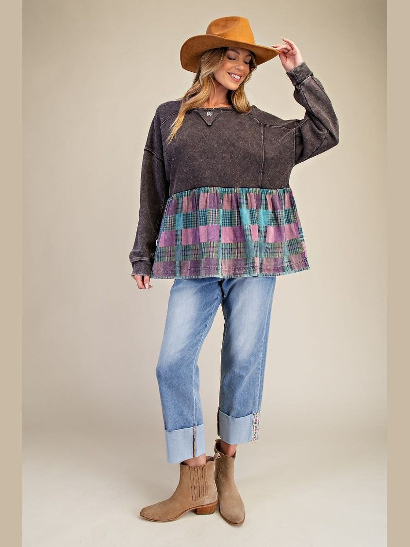 Top Pullover Smoke Burgundy Plaid Ruffle Bottom Women's ET28698
