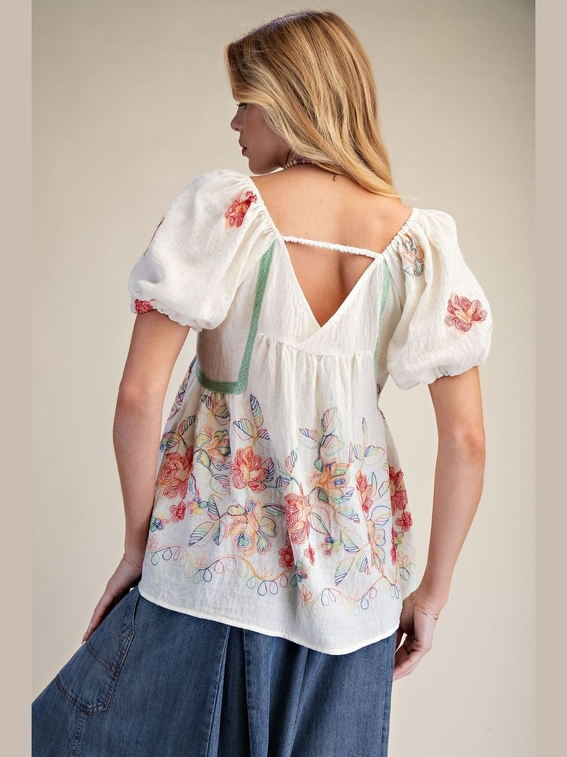 Top Pullover Red/Navy Embroidered Floral Bubble Sleeve Women's ET29345