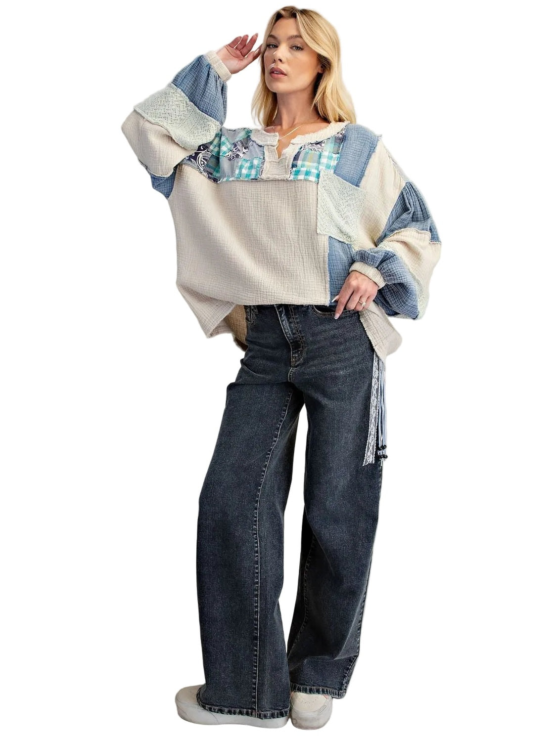 Top Pullover Multi Blue Long Puffy Sleeve Patchwork Women's ET30053