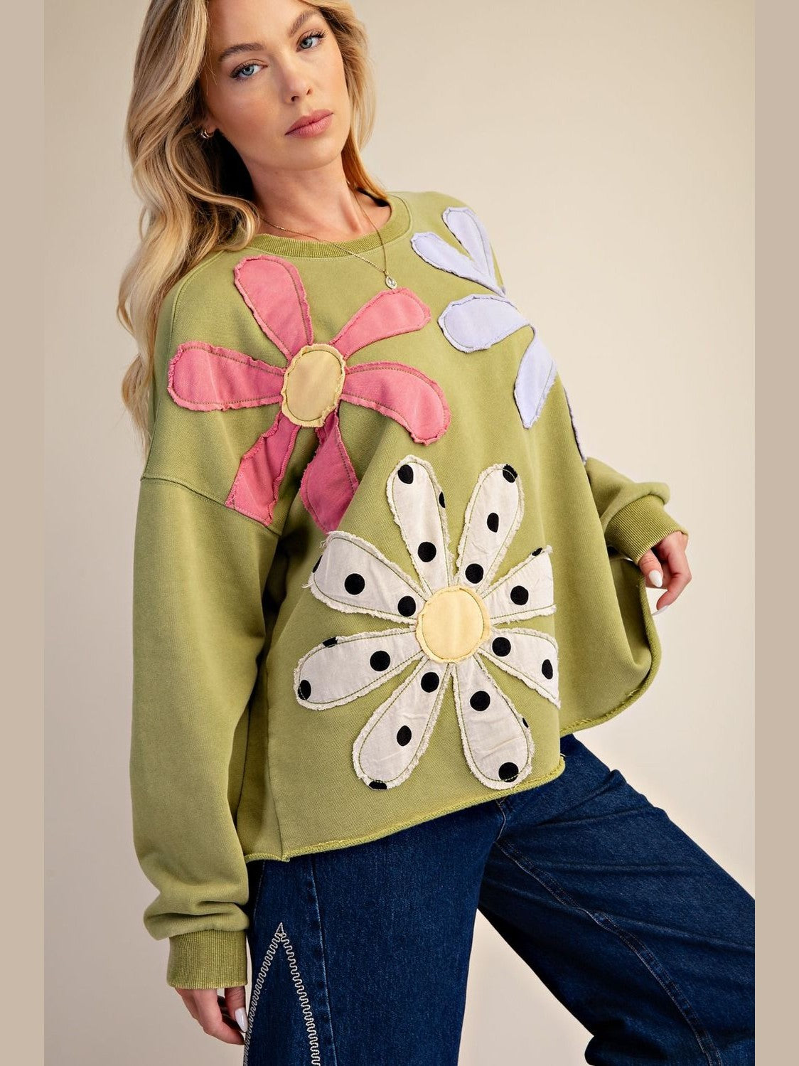Top Pullover Faded Green Flower Long Sleeve Patchwork Women's ET30237MA