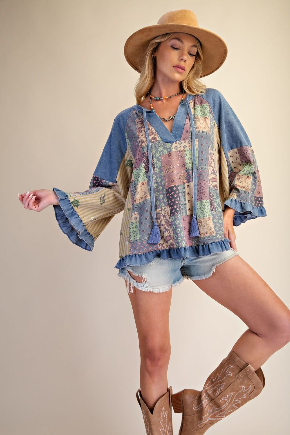 Top Pullover Washed Denim Blue Long Puffy Sleeve Patchwork Tunic Women's ET30362