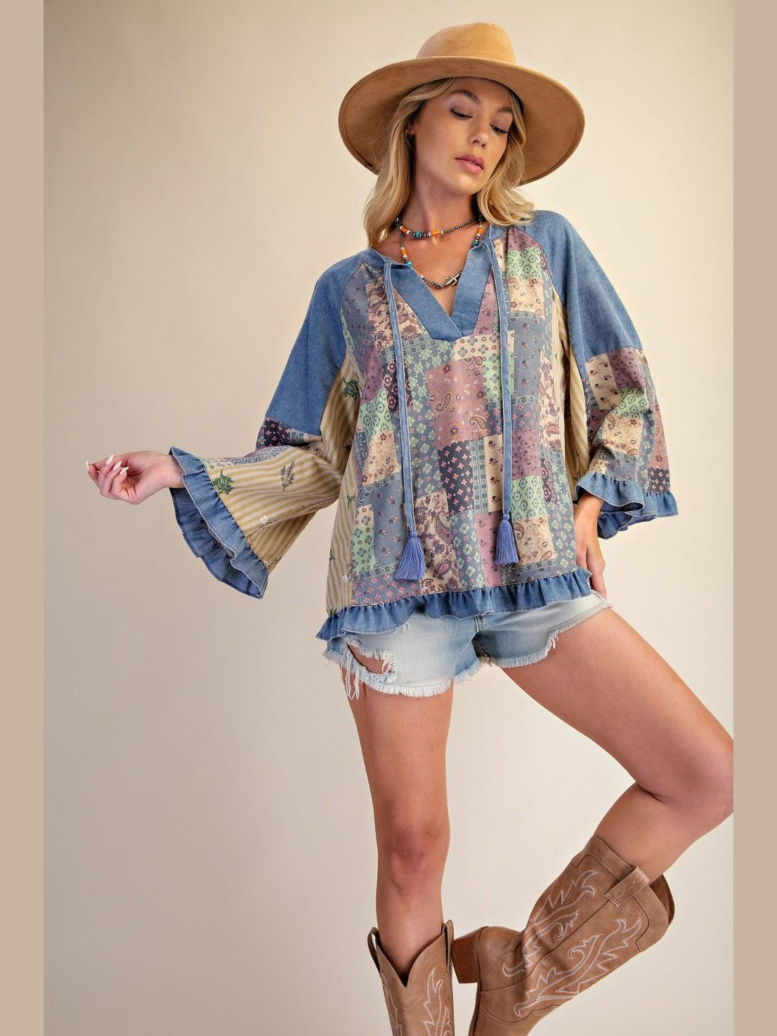 Top Pullover Washed Denim Blue Long Puffy Sleeve Patchwork Tunic Women's ET30362