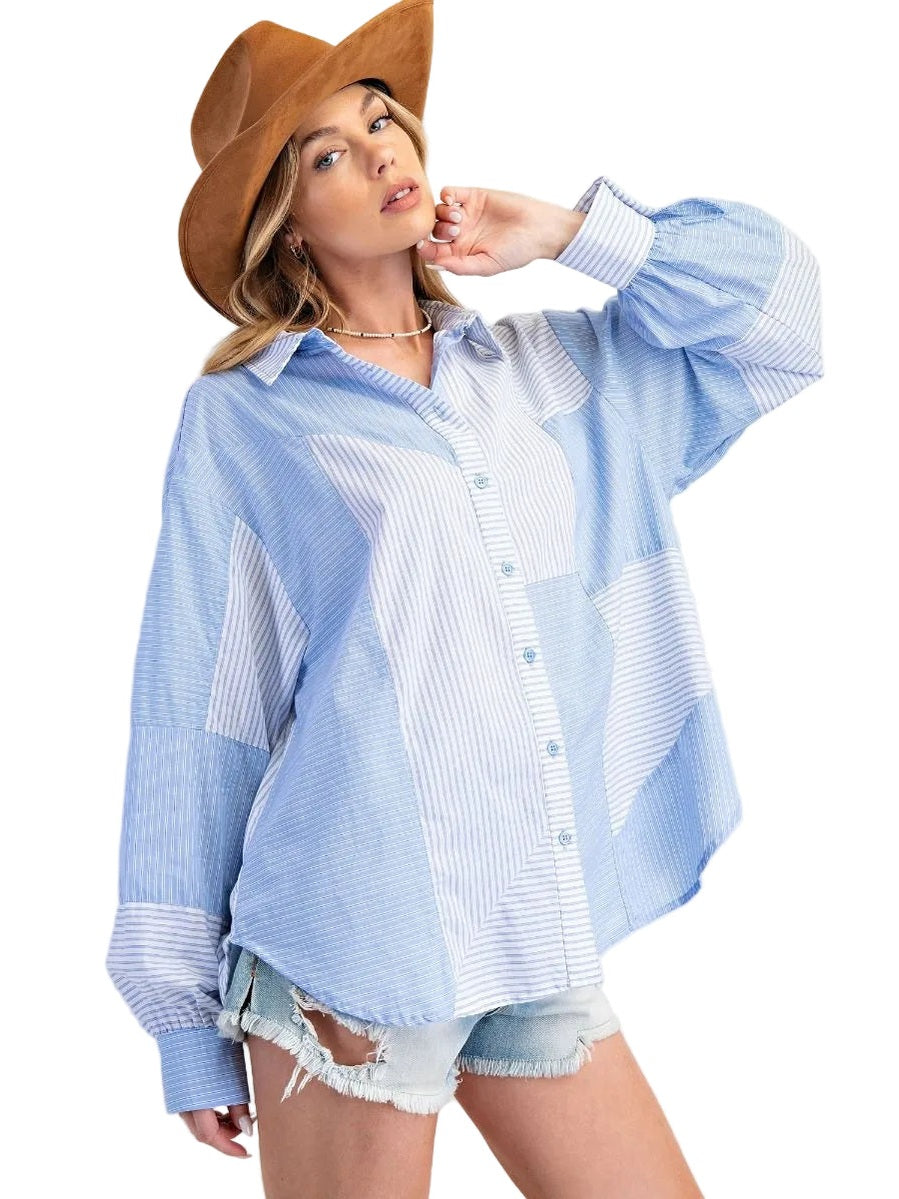 Top Blue/White Striped Button Down Long Sleeve Women's ET71717