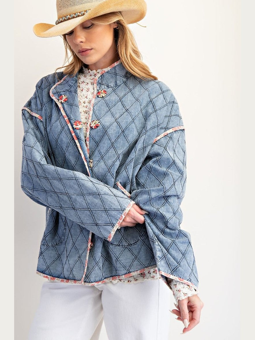 Jacket Washed Denim Button Front Quilted Women's ET71767
