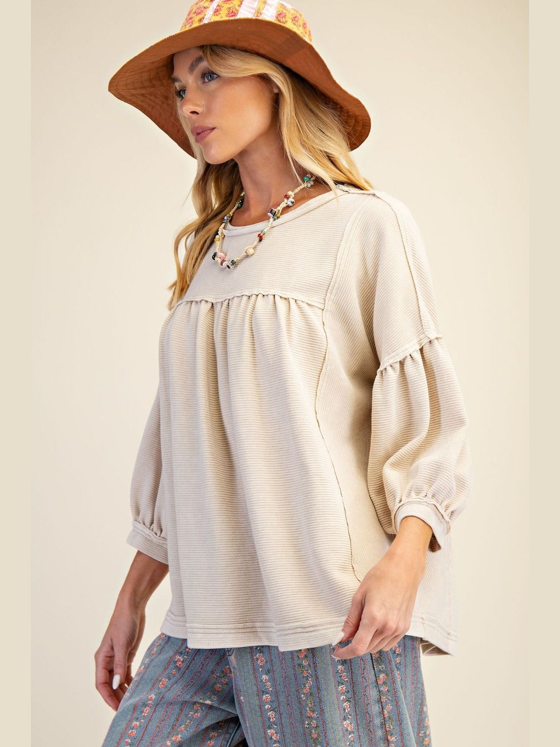 Top Khaki Tan Baby Doll Textured Knit Women's ET71888K