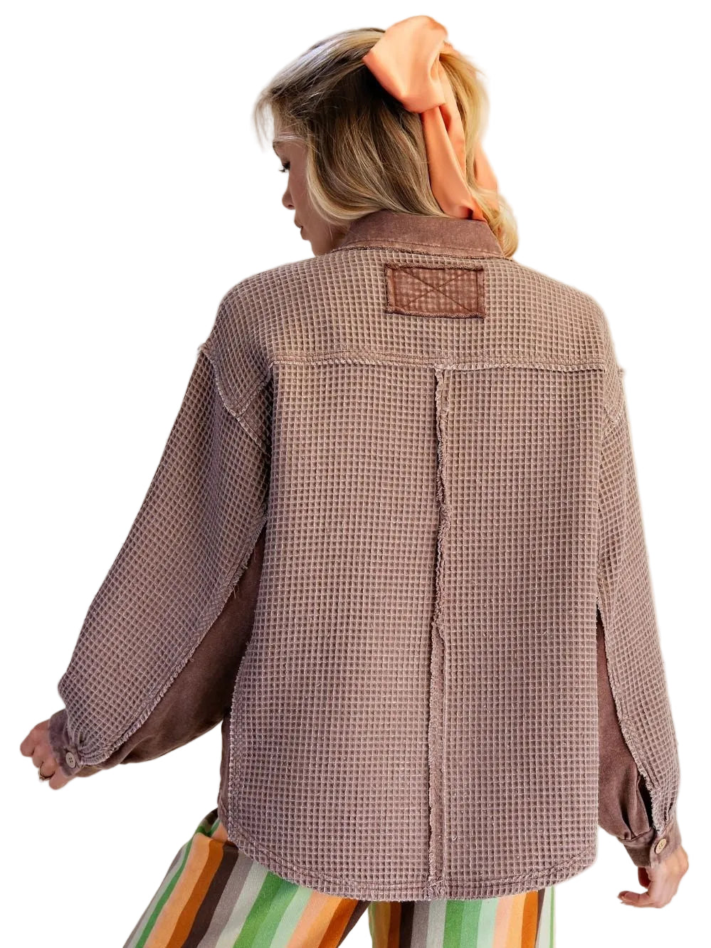 Top Pullover Mineral Washed Mauve Textured Waffle Knit Long Sleeve Women's ET72049