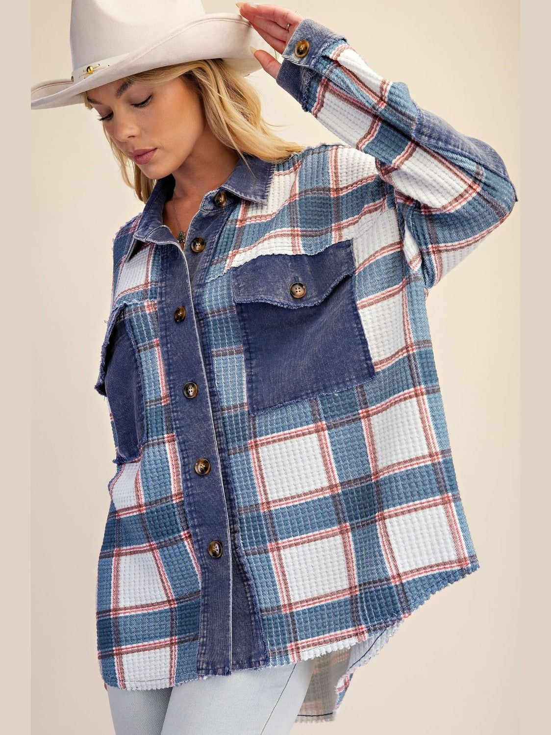 Easel-Jacket Shacket White/Blue Denim Courduroy Women's ET72070