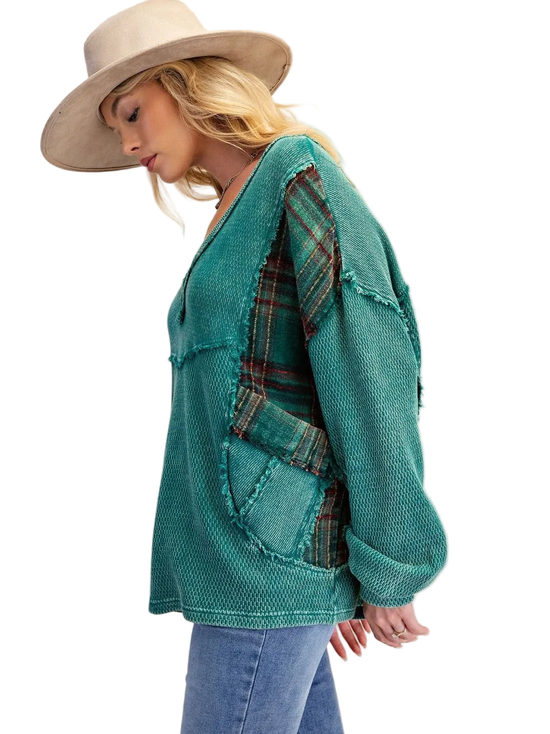 Top Pullover Pine Green Plaid Knit 2 Pocket Long Sleeve Women's ET72110
