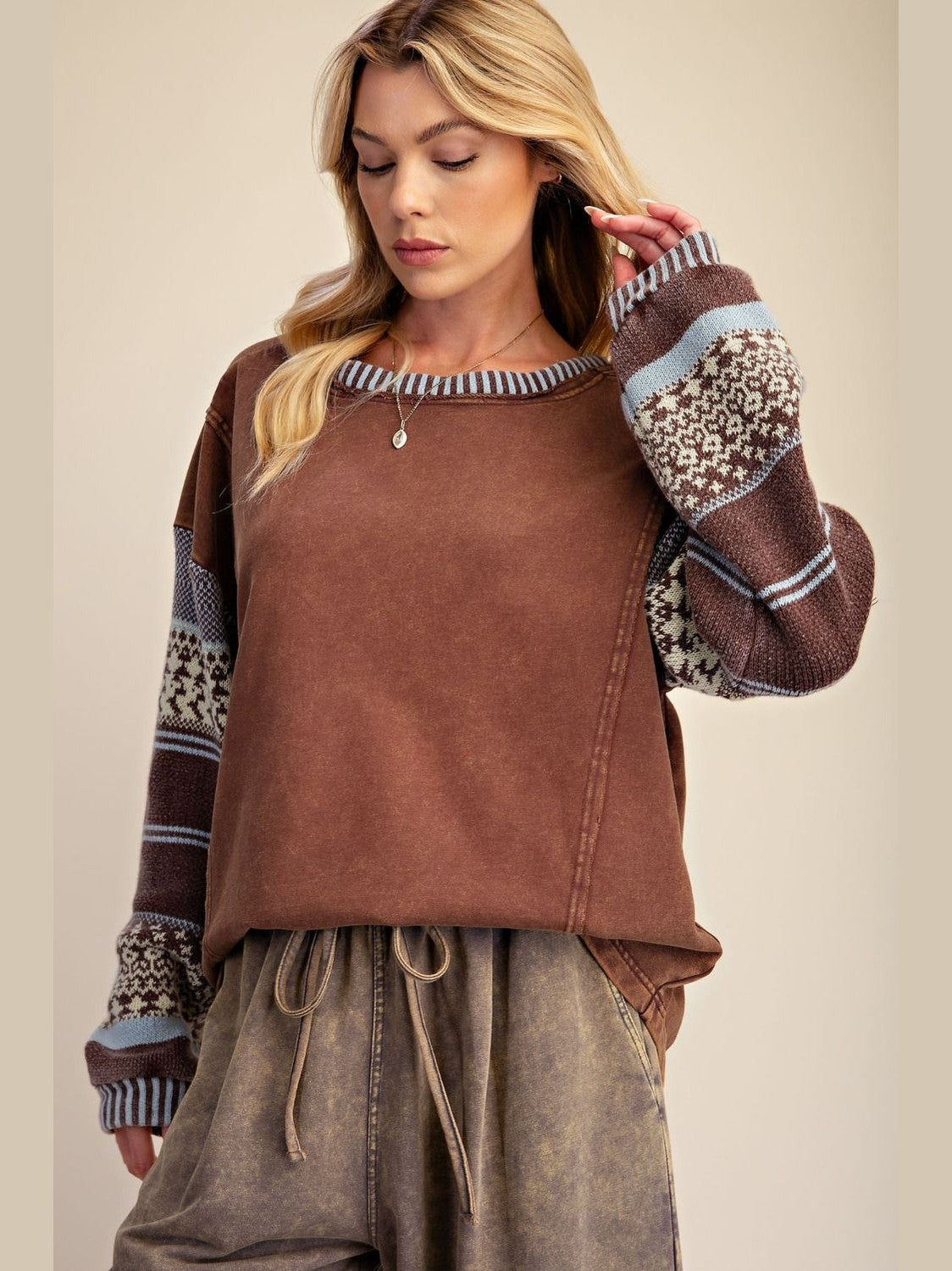 Top Pullover Mocha Knit 2 Long Sleeve Women's ET72118M