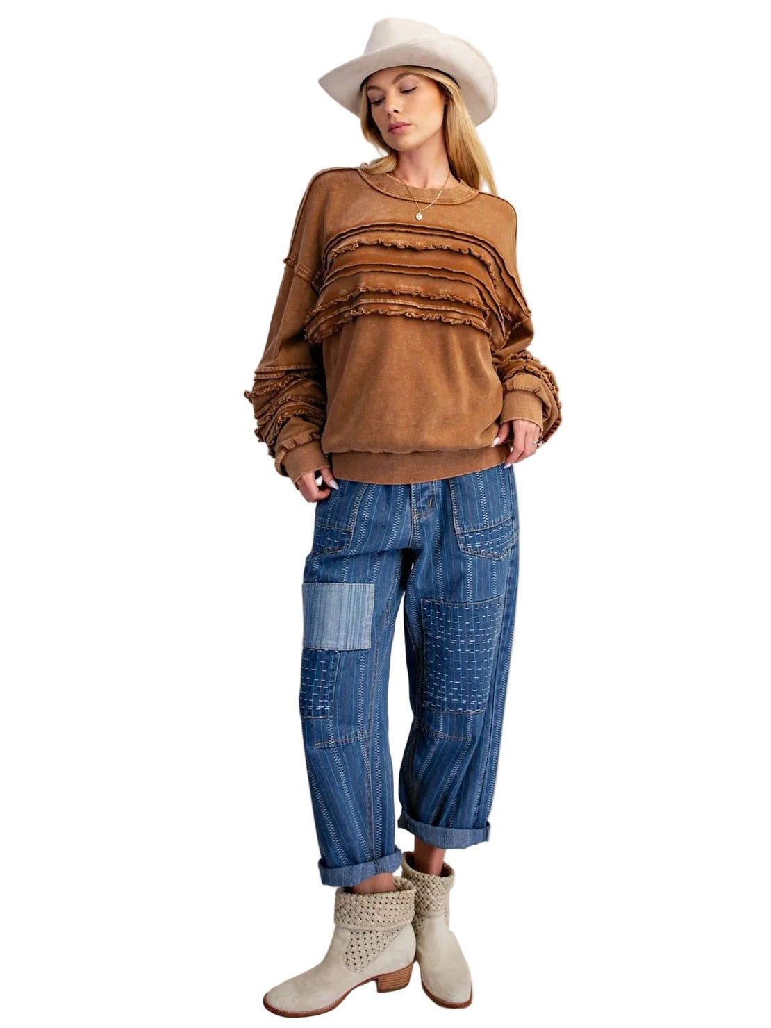 Top Pullover Mineral Washed Ruffle Golden Brown Women's ET72155