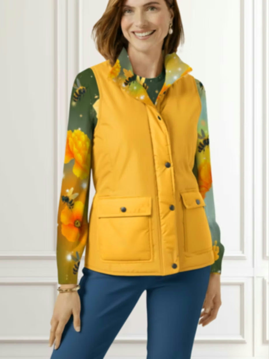 Quilted Vest Reversible Bee Print /Yellow Zipper Front 4 Pocket 51191-203
