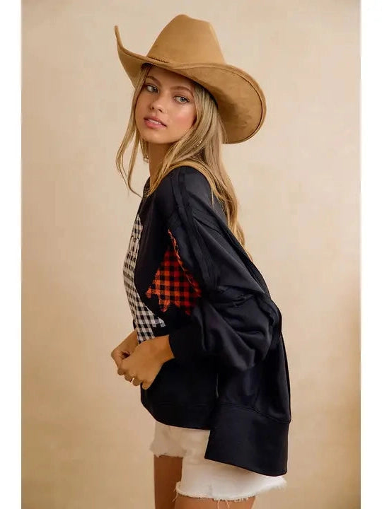 Sweatshirt Black/Orange Plaid Ghost Halloween Oversized Women'sIT3426H-62