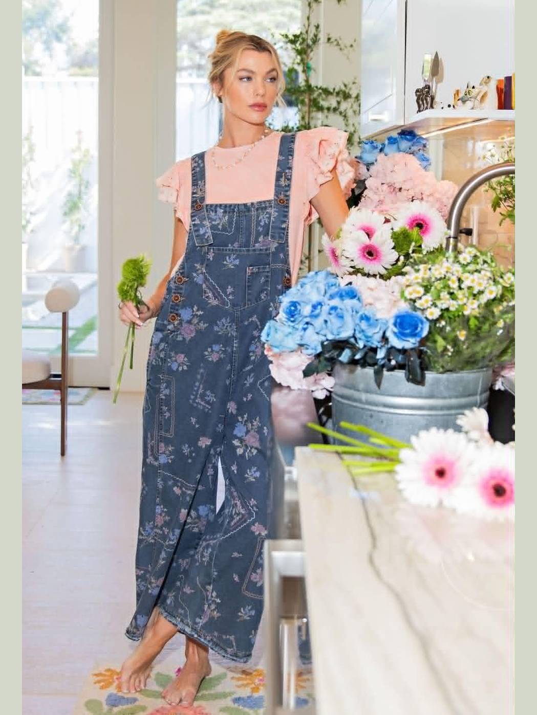Overalls Washed Denim Vintage Flower Print Women's EB90237D