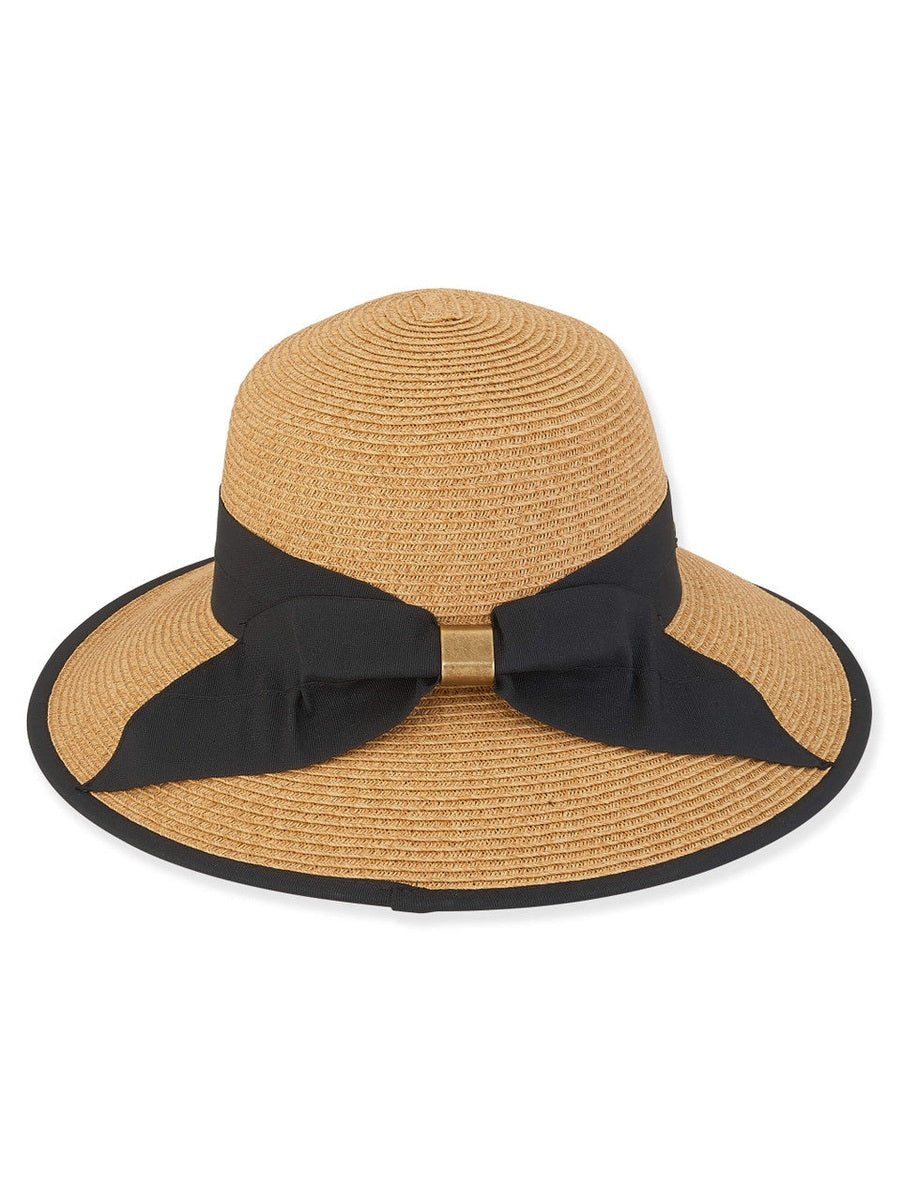 Hat Black Bow Paper Braid Bucket Adjustable 4" Brim Women's-Hh2986B